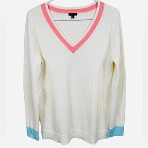 Talbots cotton-blend tennis sweater, M, vneck, cream, Classic Preppy Summer